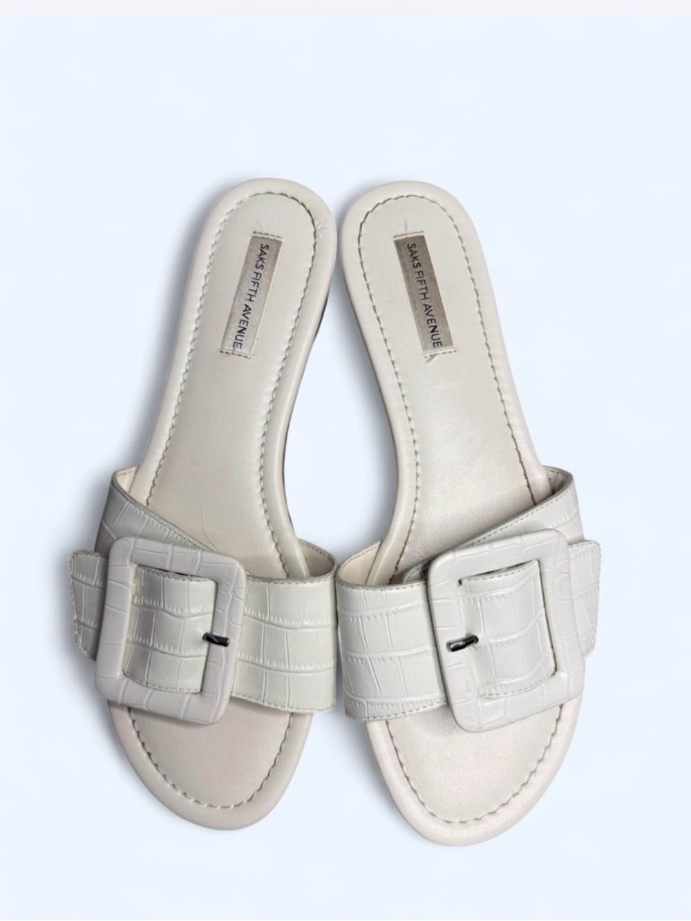Saks Fifth Avenue White Croc-Textured Buckle Slide Sandals